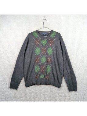 Tommy Hilfiger Sweater Mens L Grey Argyle Diamond V Neck Knit Jumper Academia
